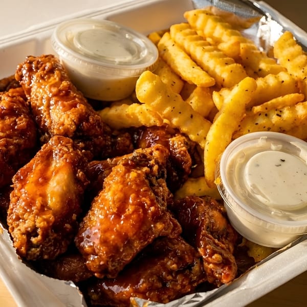 Takeout container filled with saucy chicken wings, crinkle-cut fries, and two ranch dipping sauces.