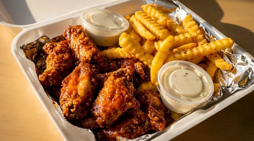 Takeout container filled with saucy chicken wings, crinkle-cut fries, and two ranch dipping sauces.