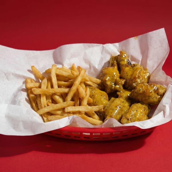 A red basket holds crispy french fries and mustard-glazed chicken wings on white paper.