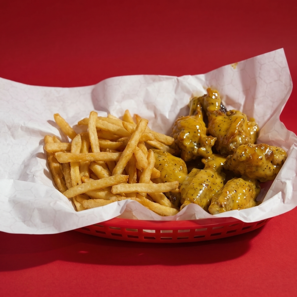 A red basket holds crispy french fries and mustard-glazed chicken wings on white paper.